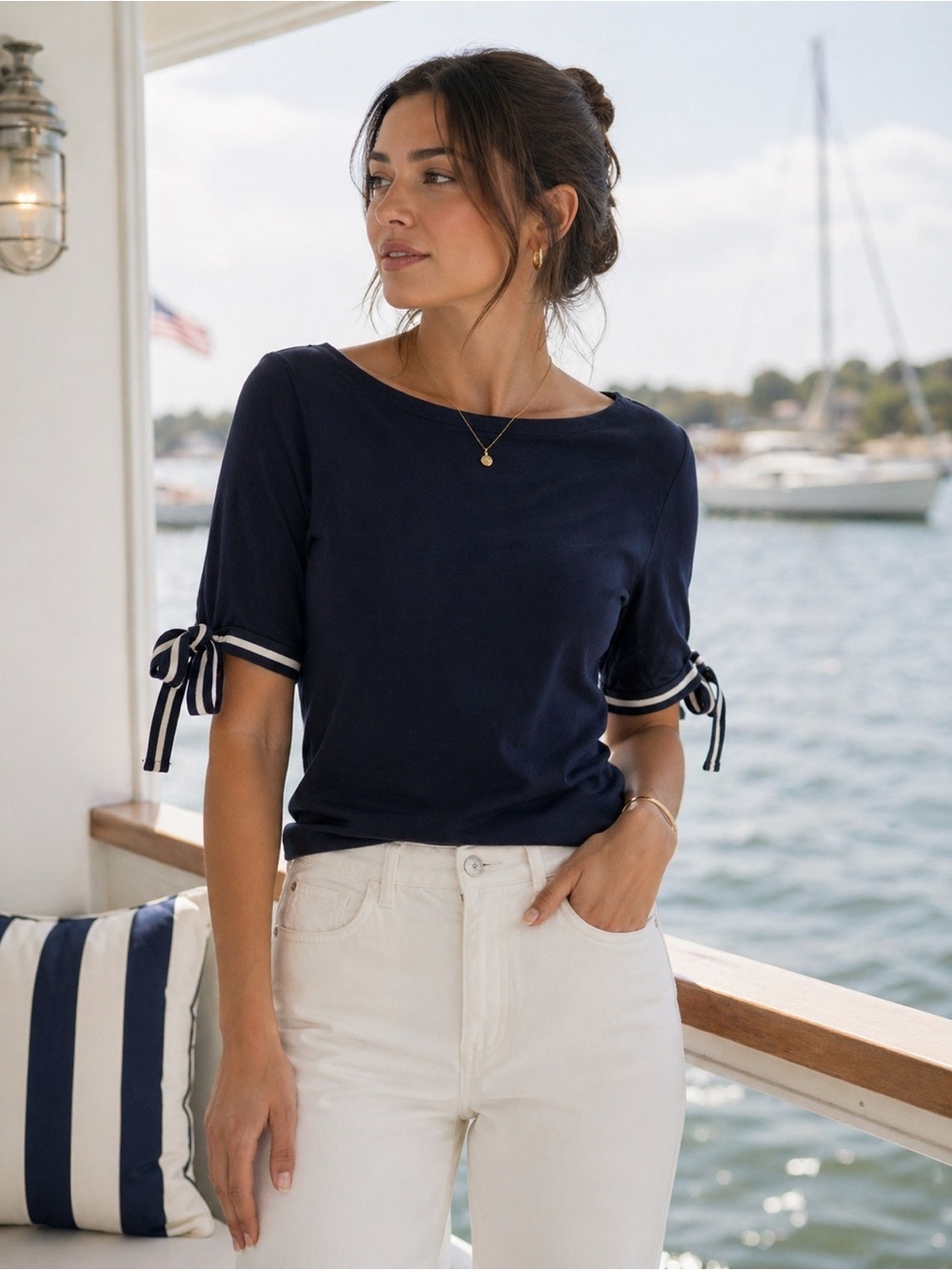 Lauren Ralph Lauren Dark Blue Top with Tie Sleeves Size L Nautical Boat Neck